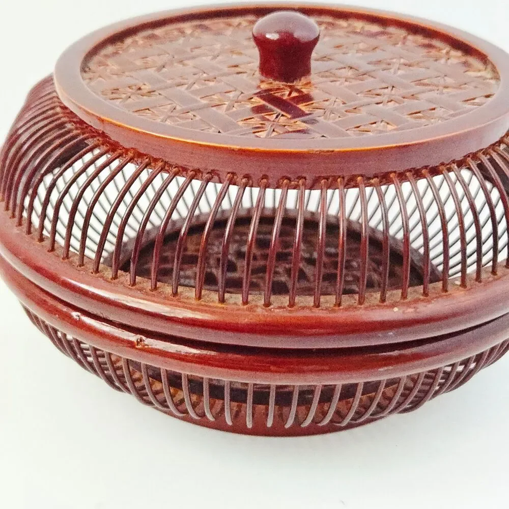 Vintage Japanese Handwoven Bamboo Lacquered Wagashi Basket w/ Lid Cricket Cage